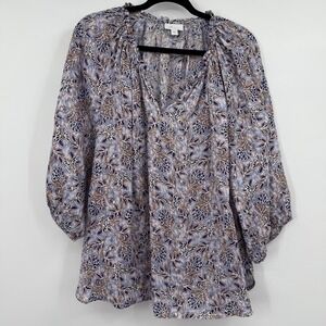 J Jill Love Linen Blouse Womens 2X Blue Floral Tunic Flowy Relaxed Casual
